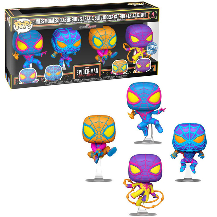 Funko POP! Marvel - Miles Morales: Classic Suit, S.T.R.I.K.E. Suit, Bodega Cat Suit, T.R.A.C.K. Suit (Black Light) 4-Pack (Exclusive) Figures